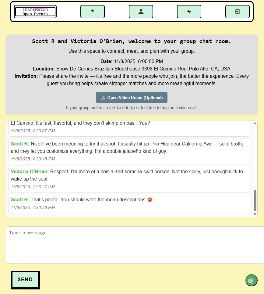 Private ThinkMatch chat view between matched participants